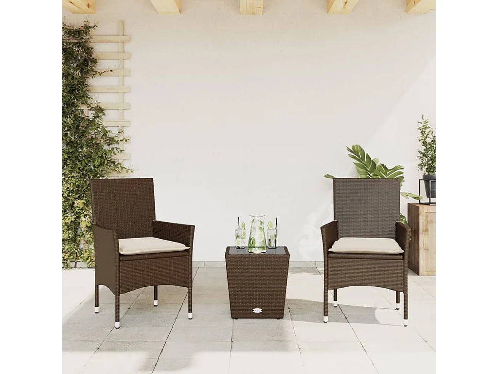 3-tlg. Bistro-Set mit Kissen Braun Poly Rattan und Glas