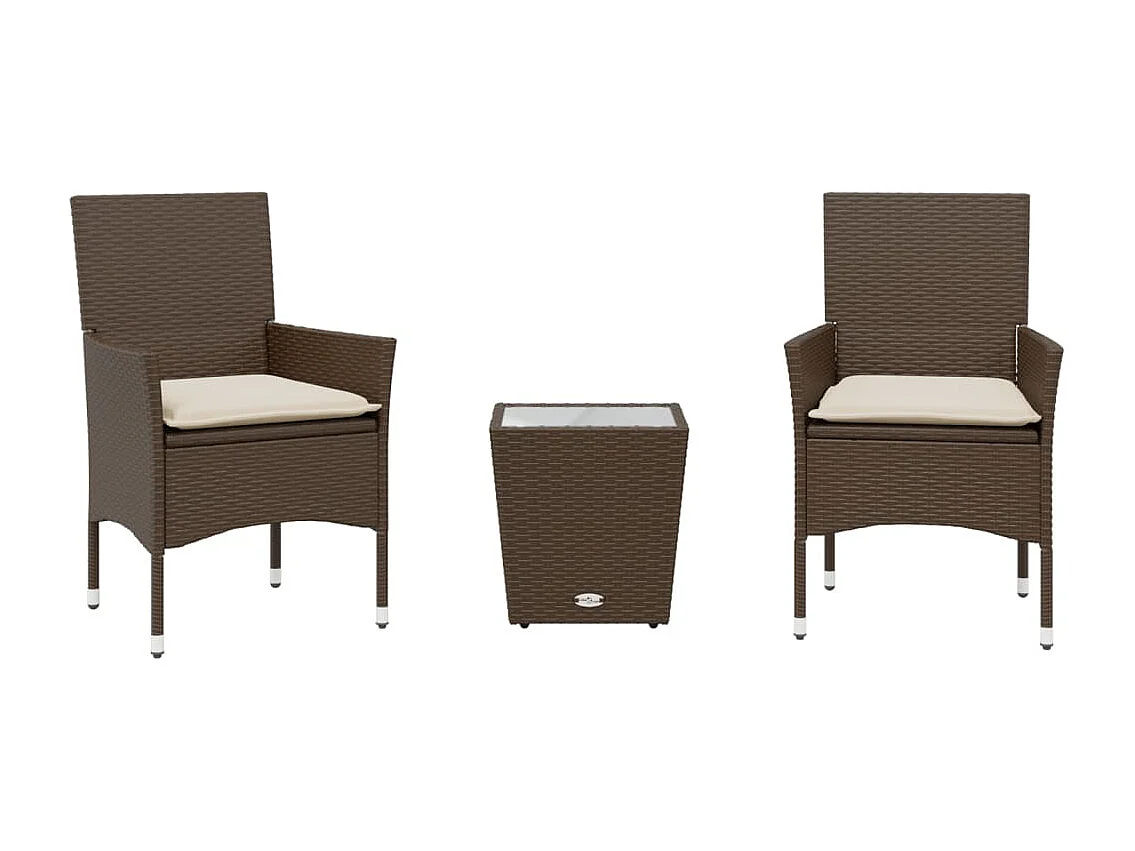 3-tlg. Bistro-Set mit Kissen Braun Poly Rattan und Glas
