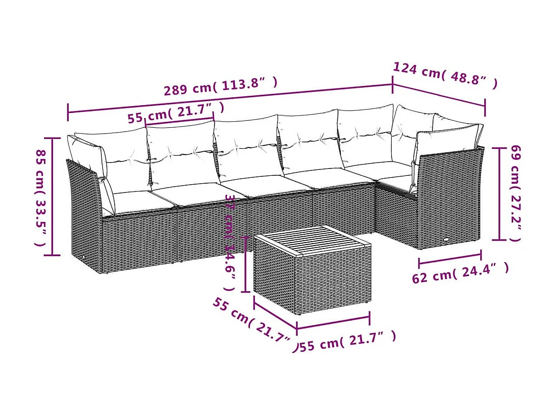 7 pcs conjunto de sofás p/ jardim com almofadões vime PE bege