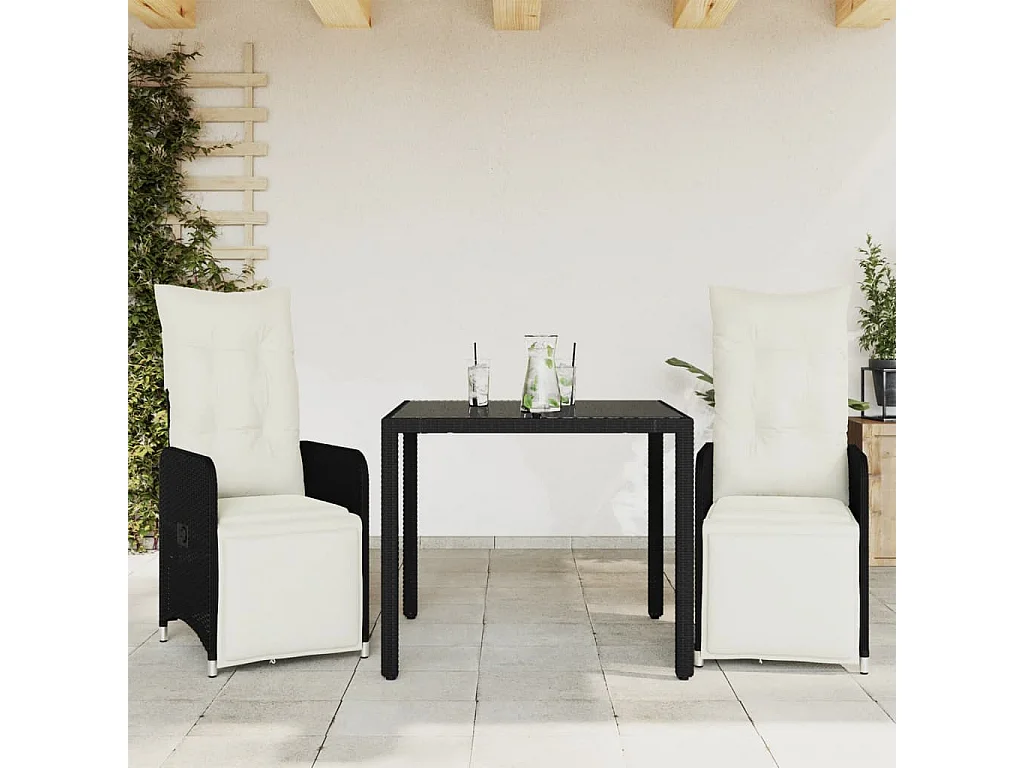 3-tlg. Garten-Bistro-Set mit Kissen Schwarz Poly Rattan
