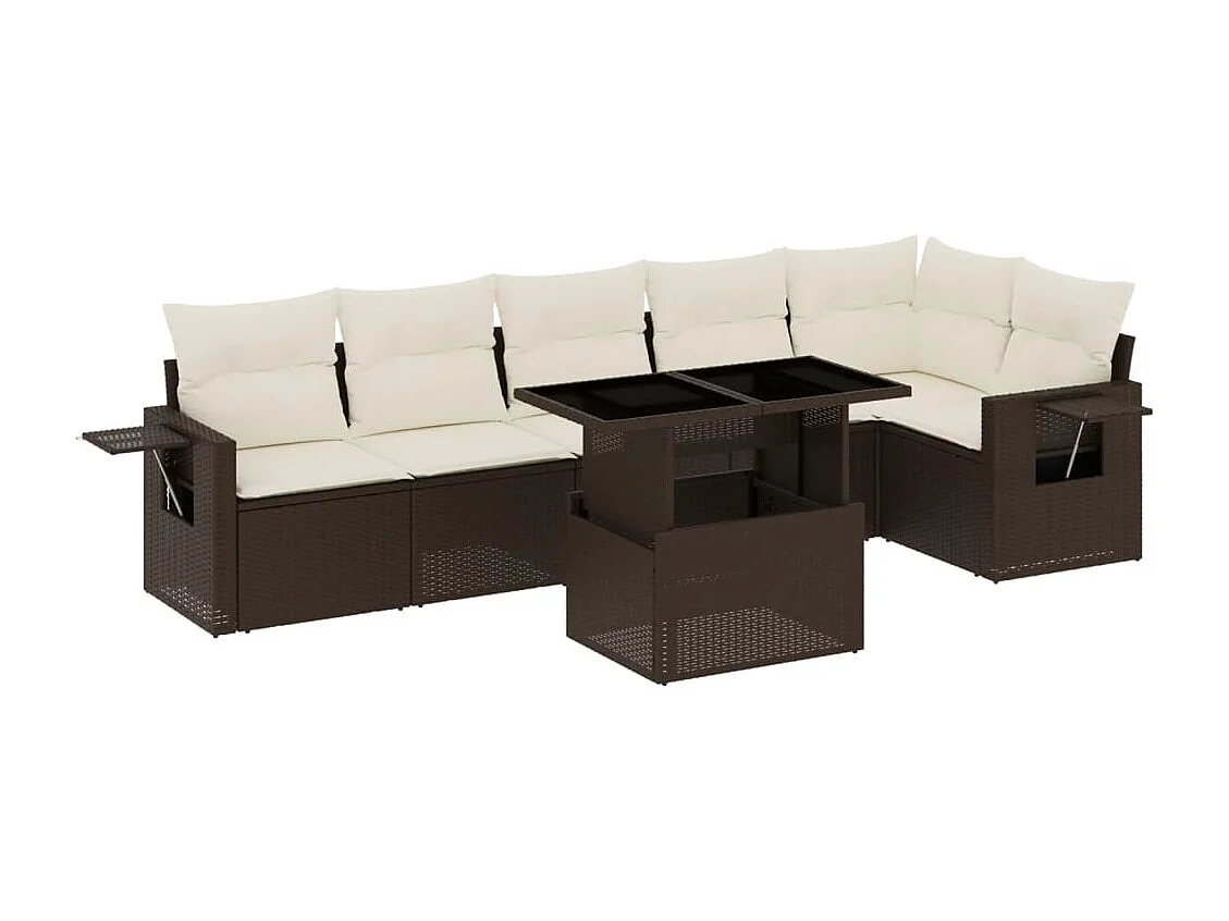 7-tlg. Garten-Sofagarnitur mit Kissen Braun Poly Rattan