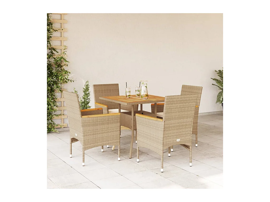 5-tlg. Garten-Essgruppe mit Kissen Beige Poly Rattan Akazie