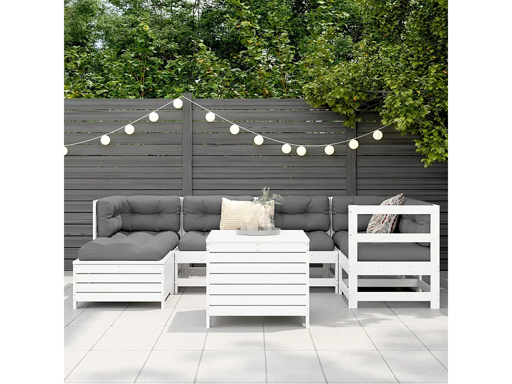 Salon de jardin 7 pcs blanc bois de pin massif