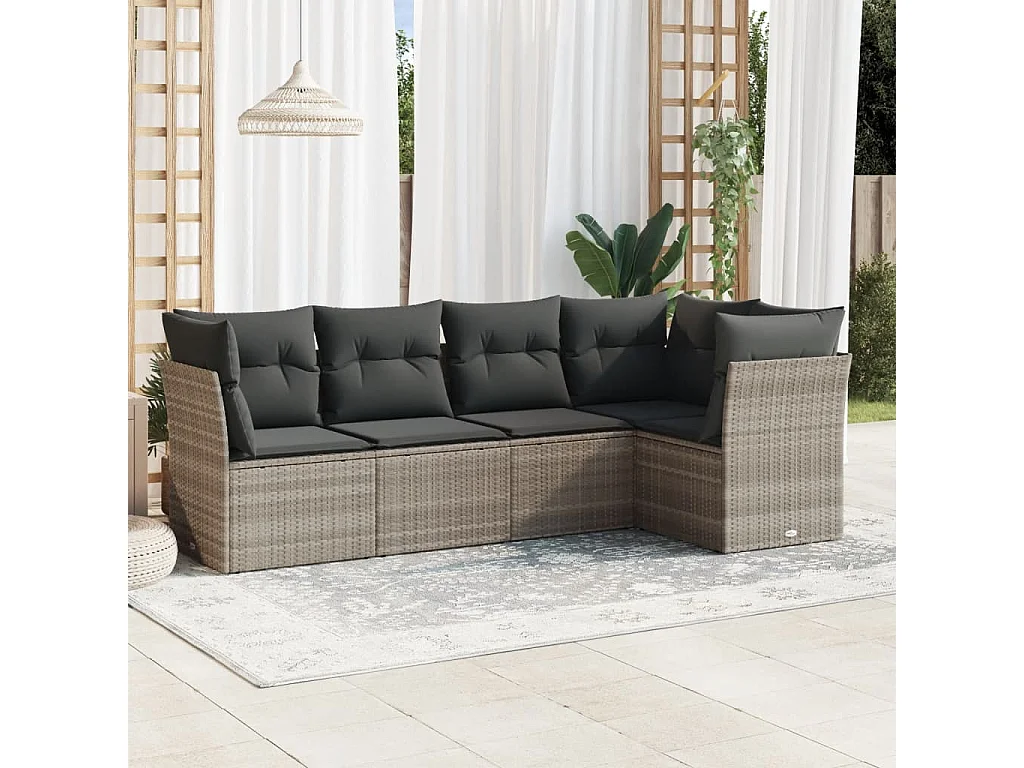 Salon de jardin 5 pcs avec coussins gris clair résine tressée