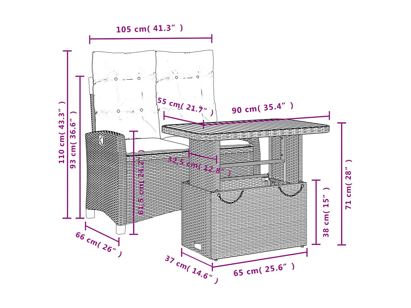 2-tlg. Garten-Essgruppe mit Kissen Schwarz Poly Rattan