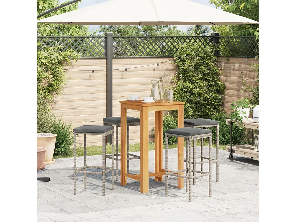 Set Bar Giardino 5pz Grigio Legno Massello Acacia e Polyrattan