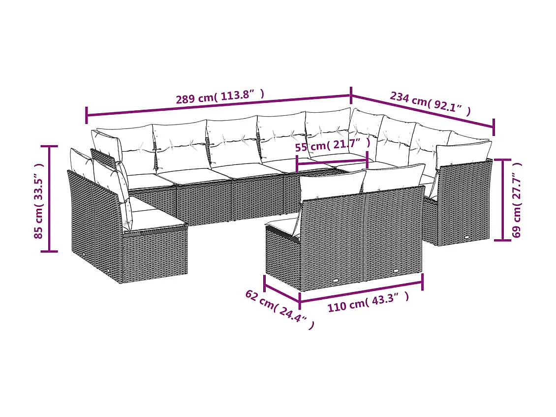 Set de sofás de jardín y cojines 12 pzas ratán sintético marrón