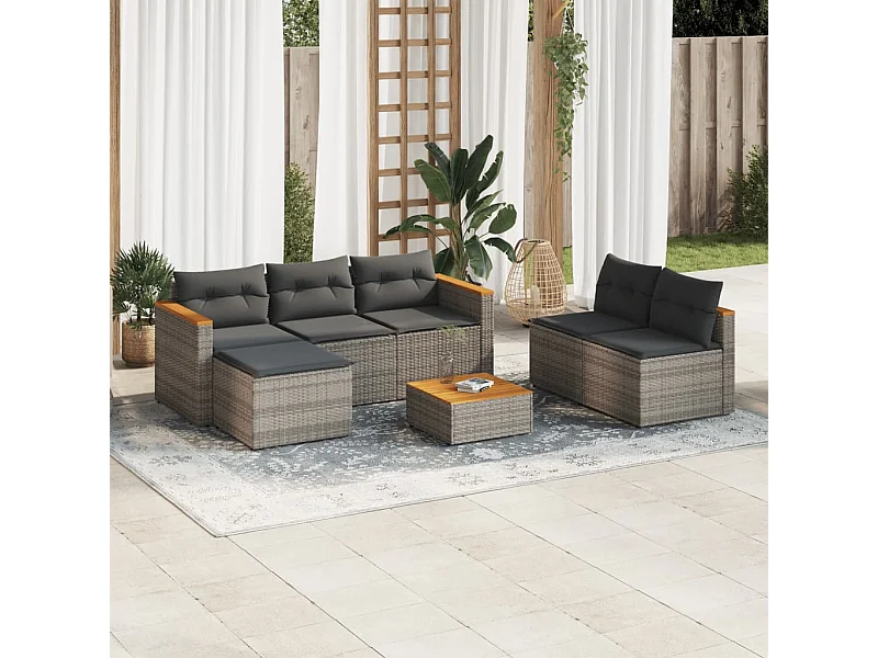 Salon de jardin 5 pcs avec coussins gris résine tressée acacia