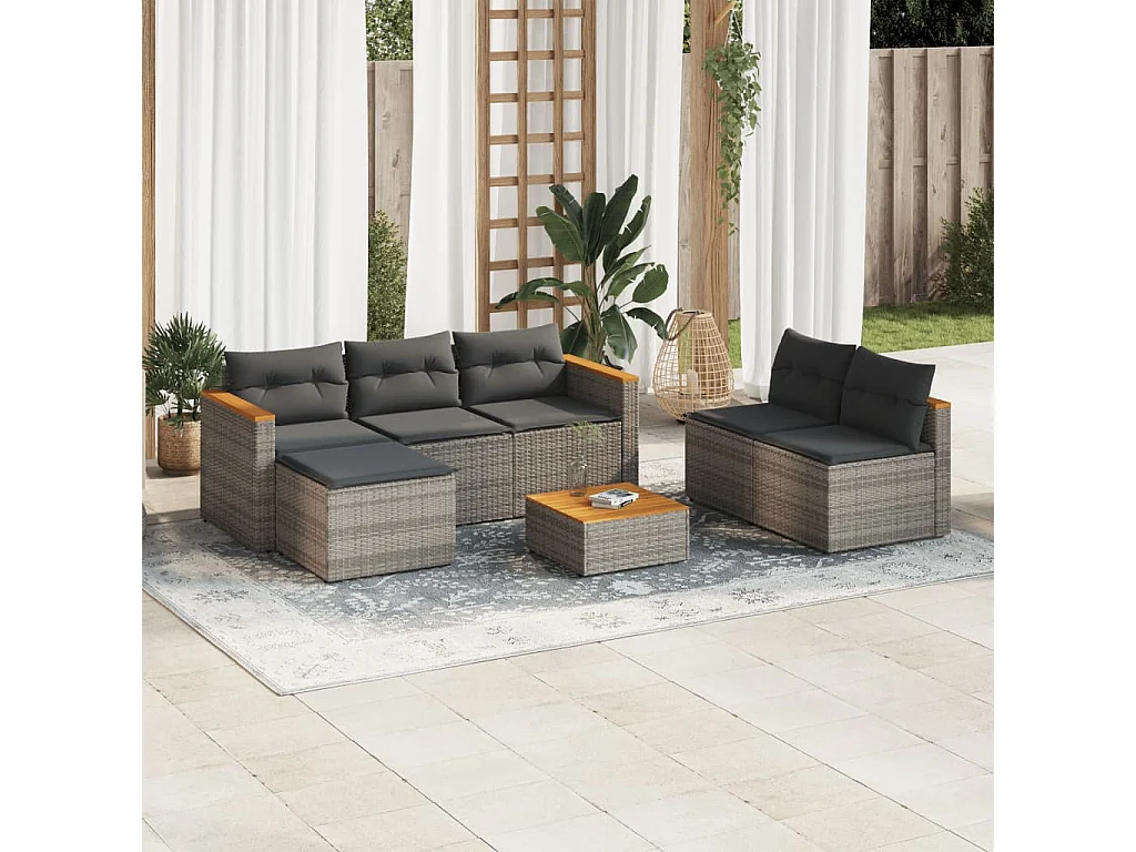 Salon de jardin 5 pcs avec coussins gris résine tressée acacia