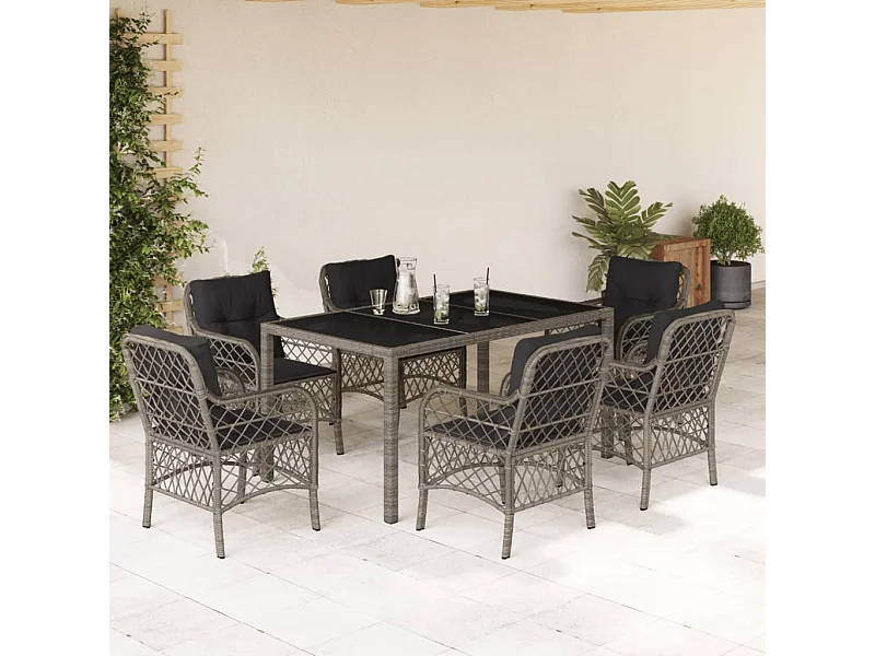 Ensemble à manger de jardin et coussins 7 pcs gris rotin