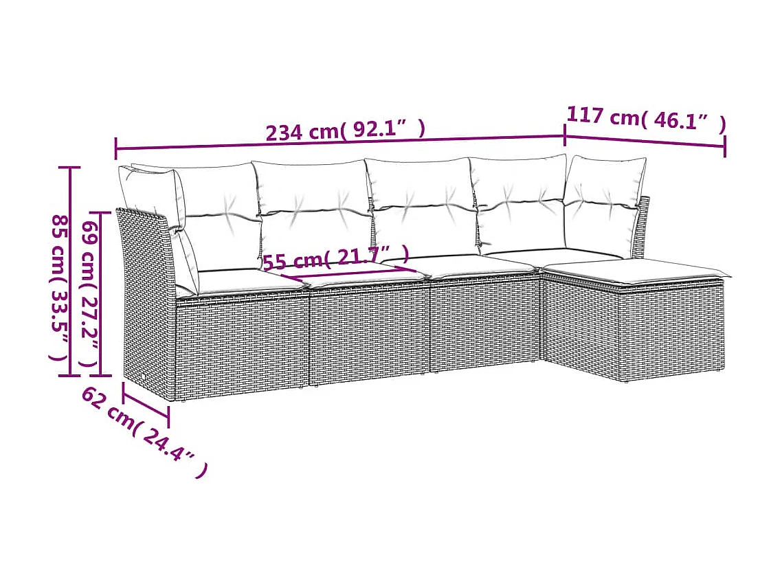 Set comedor de jardín 5 piezas y cojines ratán sintético marrón