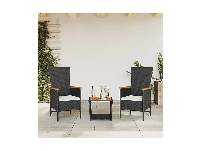 Set da Pranzo da Giardino 3 pz con Cuscini Nero in Polyrattan