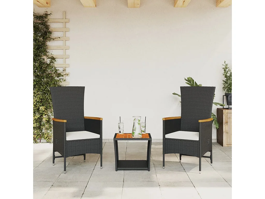 Set da Pranzo da Giardino 3 pz con Cuscini Nero in Polyrattan