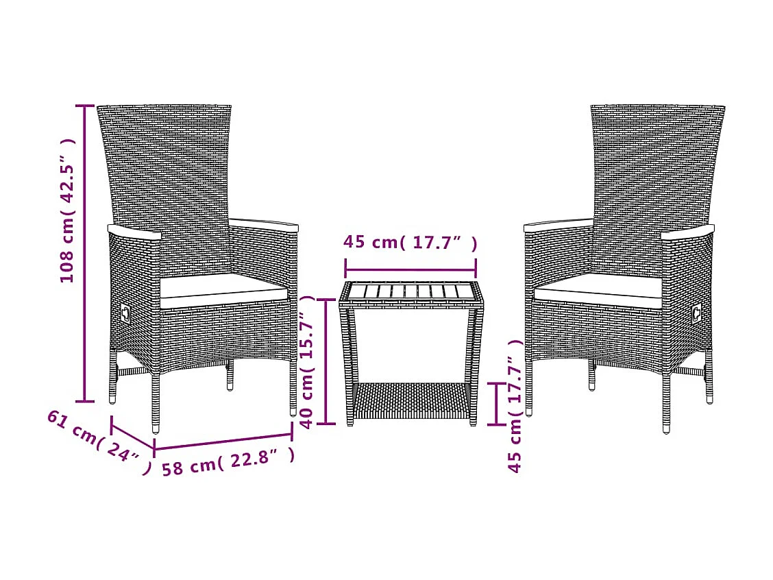 Ensemble à manger de jardin avec coussins 3 pcs Noir