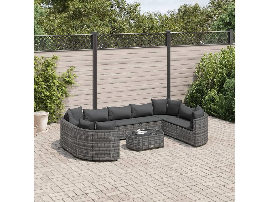 Salon de jardin avec coussins 10 pcs gris résine tressée