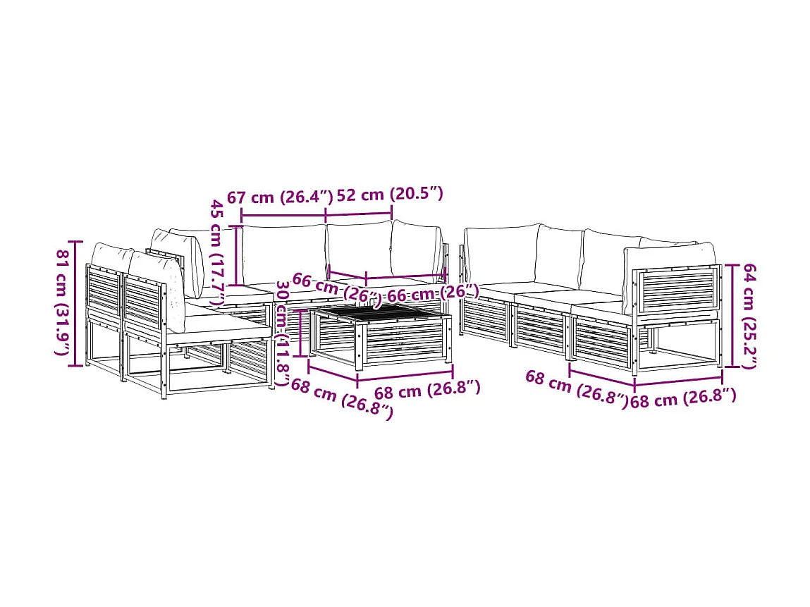 Salon de jardin avec coussins 9 pcs bois massif d'acacia