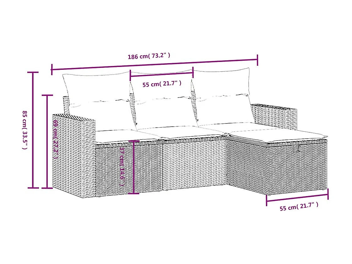 Set de sofás de jardín 4 pzas y cojines ratán sintético marrón
