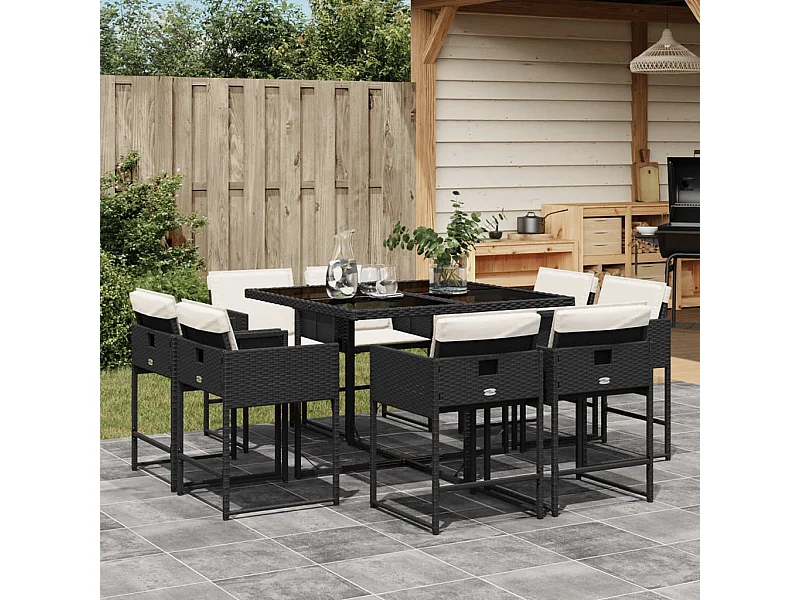 Set de comedor de jardín 9 pzas y cojines ratán sintético negro