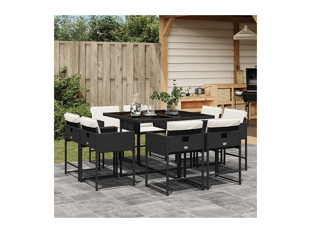 Set da Pranzo da Giardino 9 pz con Cuscini Nero in Polyrattan
