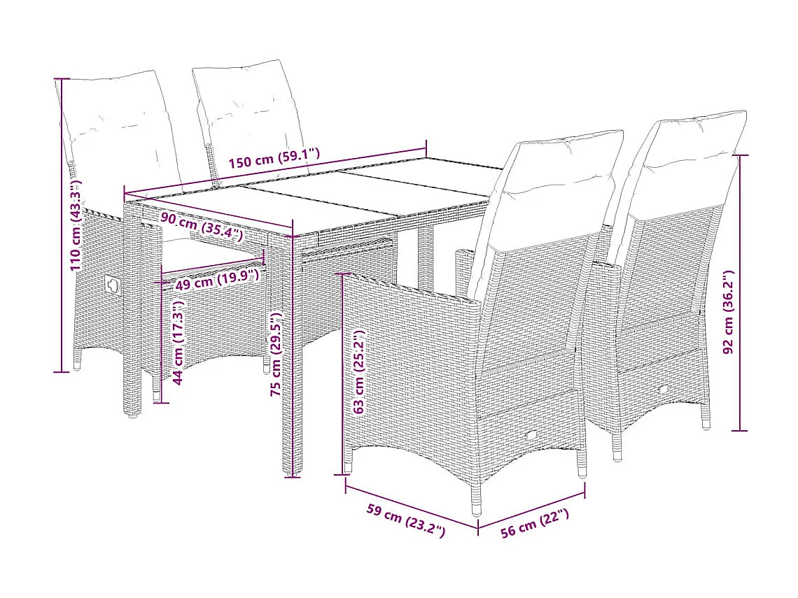 Ensemble à manger de jardin coussins 5pcs Noir Résine tressée
