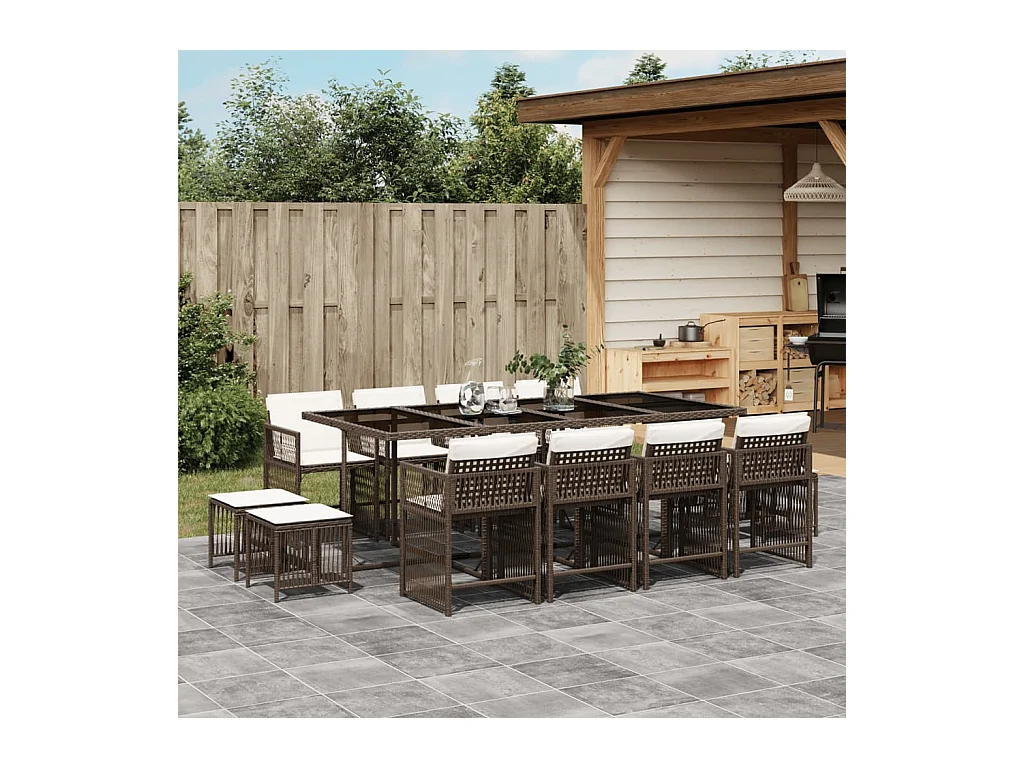 13 pcs conjunto jantar p/ jardim c/ almofadões vime PE castanho