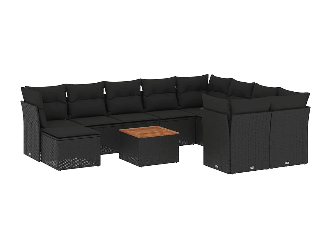 11-tlg. Garten-Sofagarnitur mit Kissen Schwarz Poly Rattan