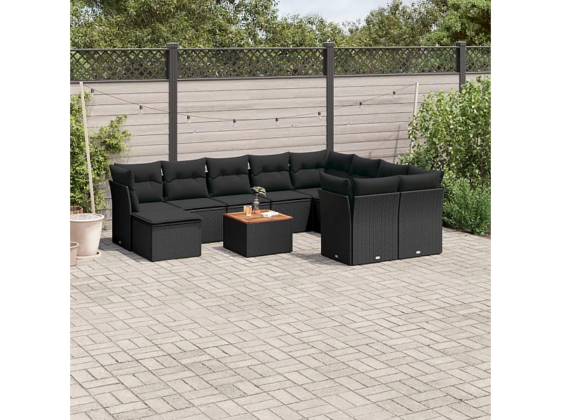 11-tlg. Garten-Sofagarnitur mit Kissen Schwarz Poly Rattan