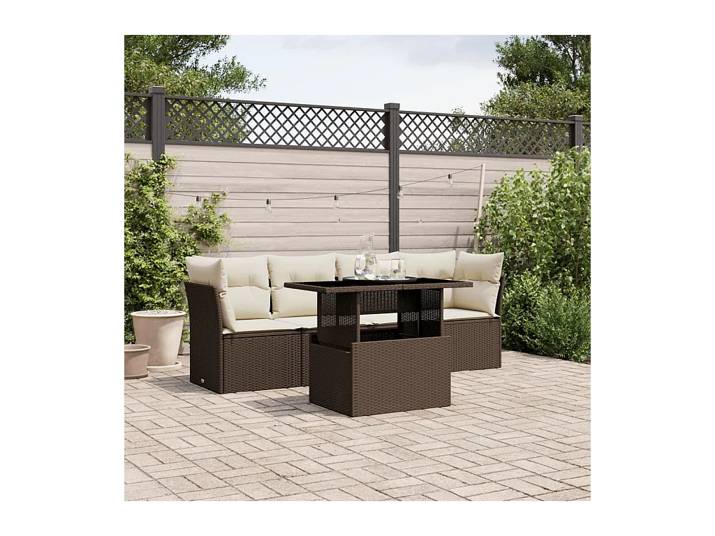 Salon de jardin avec coussins 5 pcs marron résine tressée