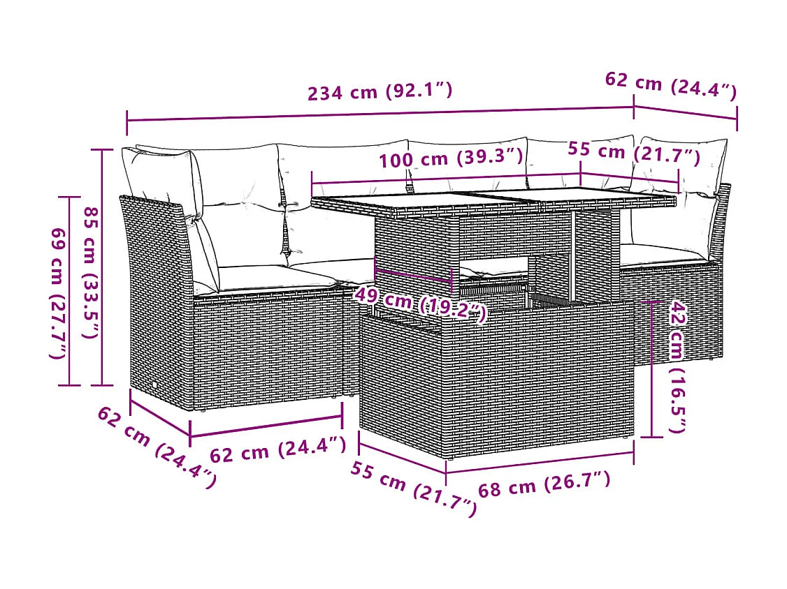 Salon de jardin avec coussins 5 pcs marron résine tressée