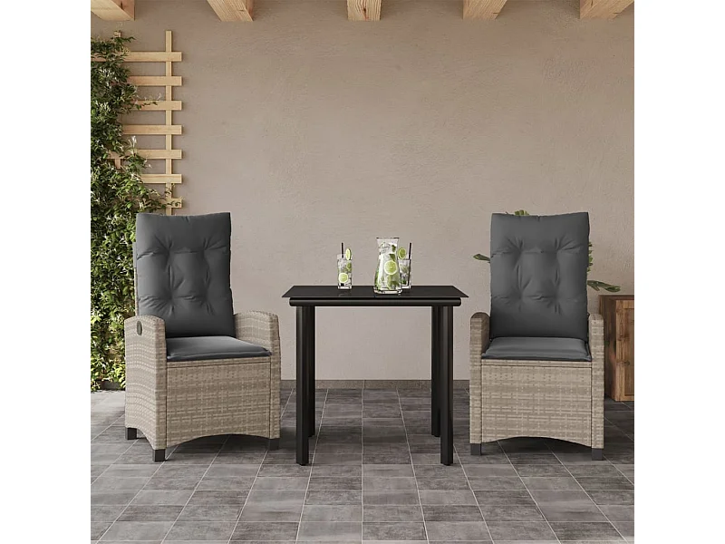 Set Pranzo da Giardino 3pz con Cuscini Grigio Chiaro Polyrattan