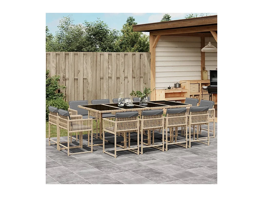 Set Pranzo da Giardino 13 pz con Cuscini Beige Misto Polyrattan