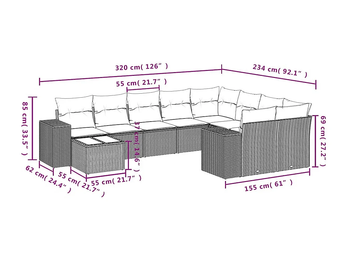 10-tlg. Garten-Sofagarnitur mit Kissen Schwarz Poly Rattan