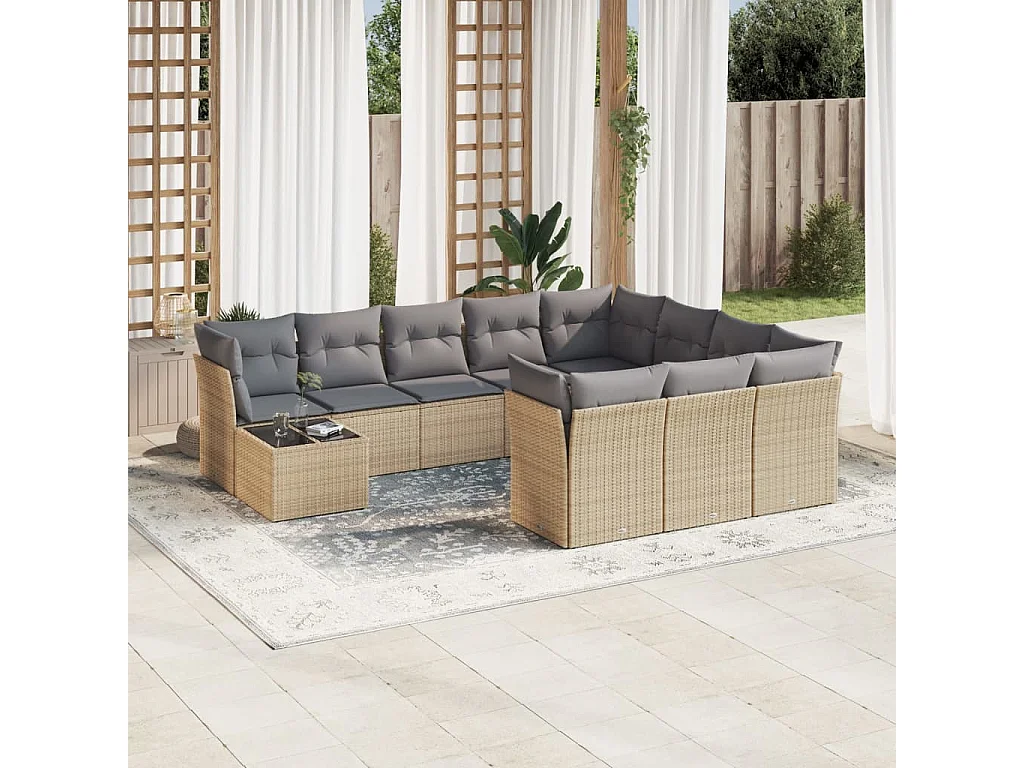 Salon de jardin 11 pcs avec coussins beige résine tressée