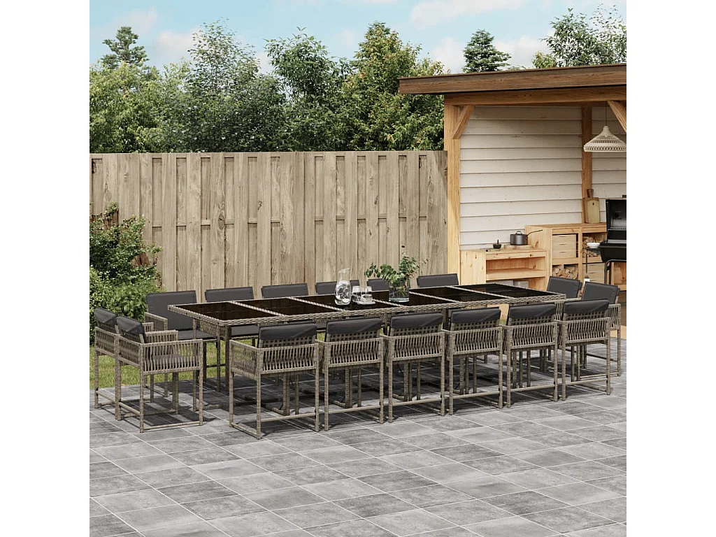 17 pcs conj. de jantar p/ jardim c/ almofadões vime PE cinzento