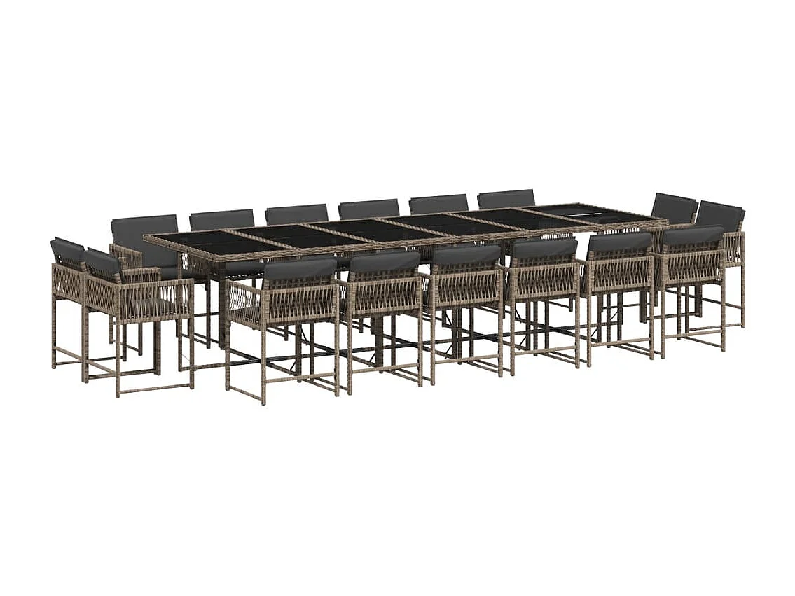 17 pcs conj. de jantar p/ jardim c/ almofadões vime PE cinzento