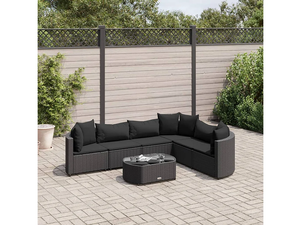 Salon de jardin 7 pcs avec coussins noir résine tressée