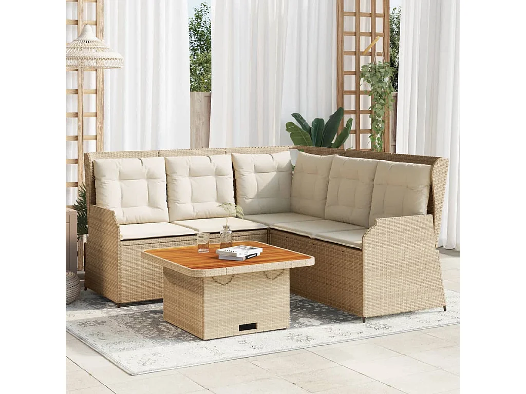 Set muebles de jardín 4 piezas y cojines ratán sintético beige