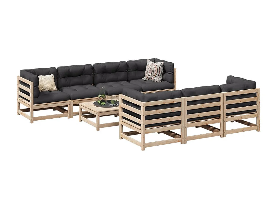 Salon de jardin 8 pcs avec coussins bois de pin massif