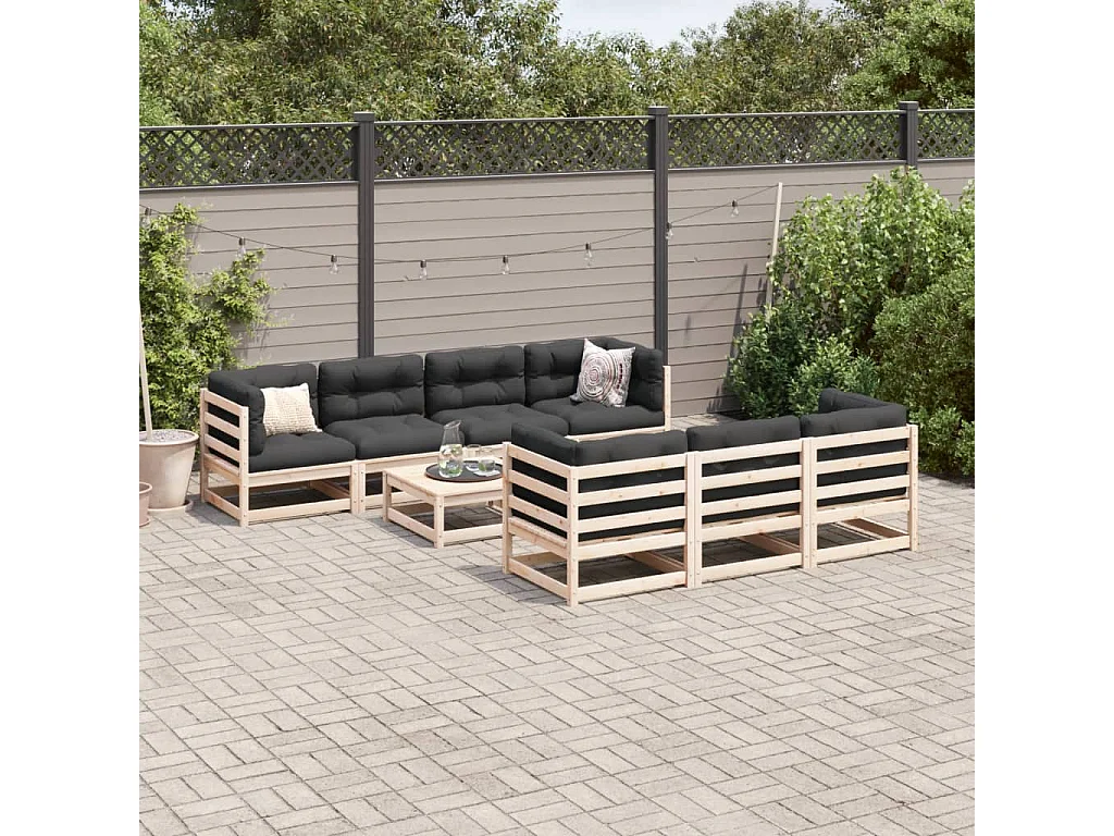 Salon de jardin 8 pcs avec coussins bois de pin massif