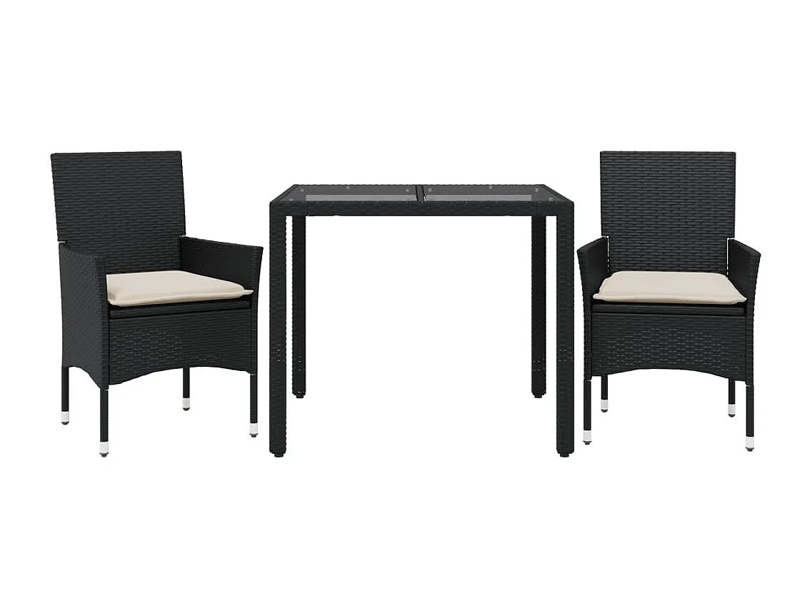 3 pcs conjunto jantar jardim c/ almofadões vime PE/vidro preto