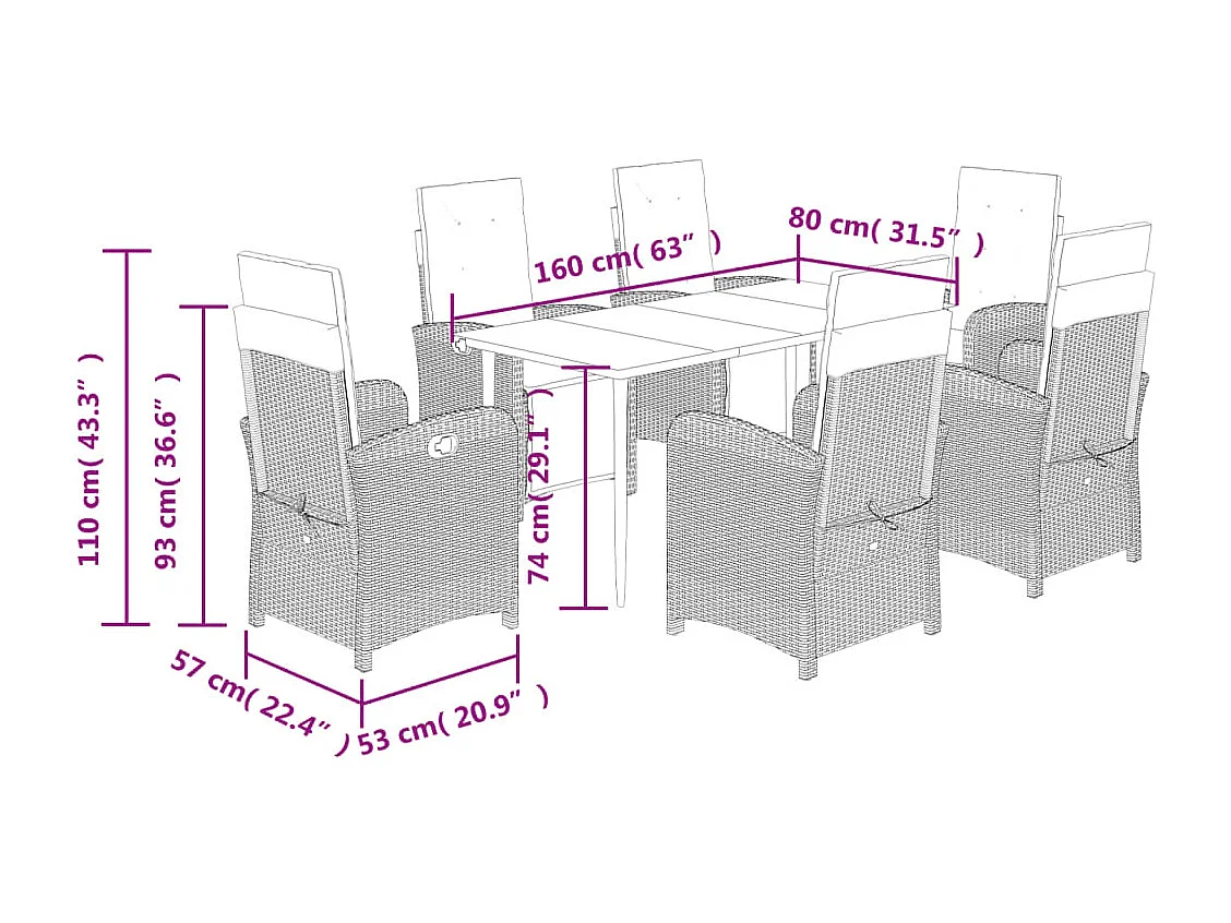 Ensemble à manger de jardin coussins 7pcs Noir Résine tressée