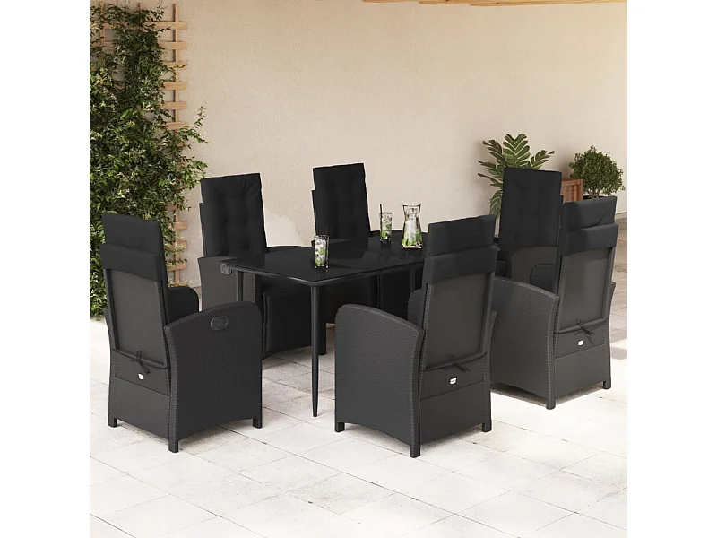 Set da Pranzo da Giardino 7 pz Nero con Cuscini in Polyrattan