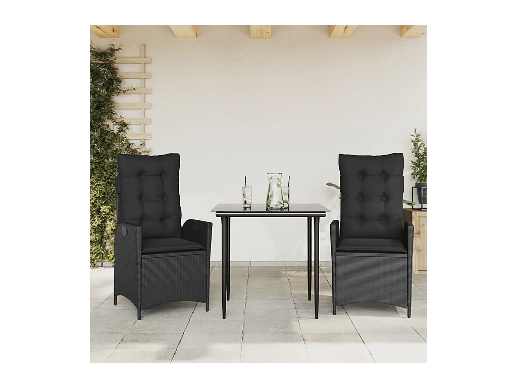 Set comedor de jardín 3 pzas con cojines ratán sintético negro