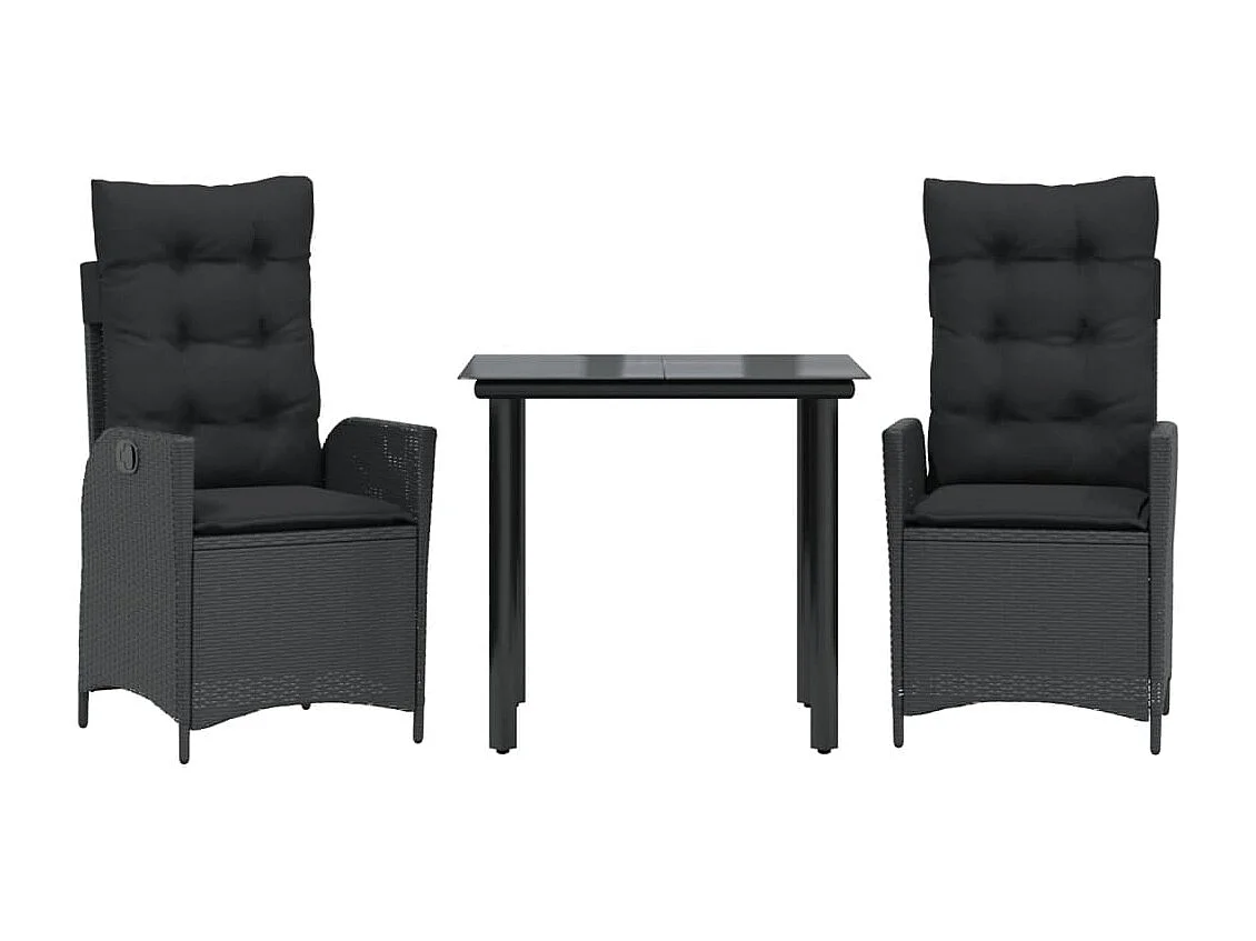 Set da Pranzo da Giardino 3 pz con Cuscini Nero in Polyrattan