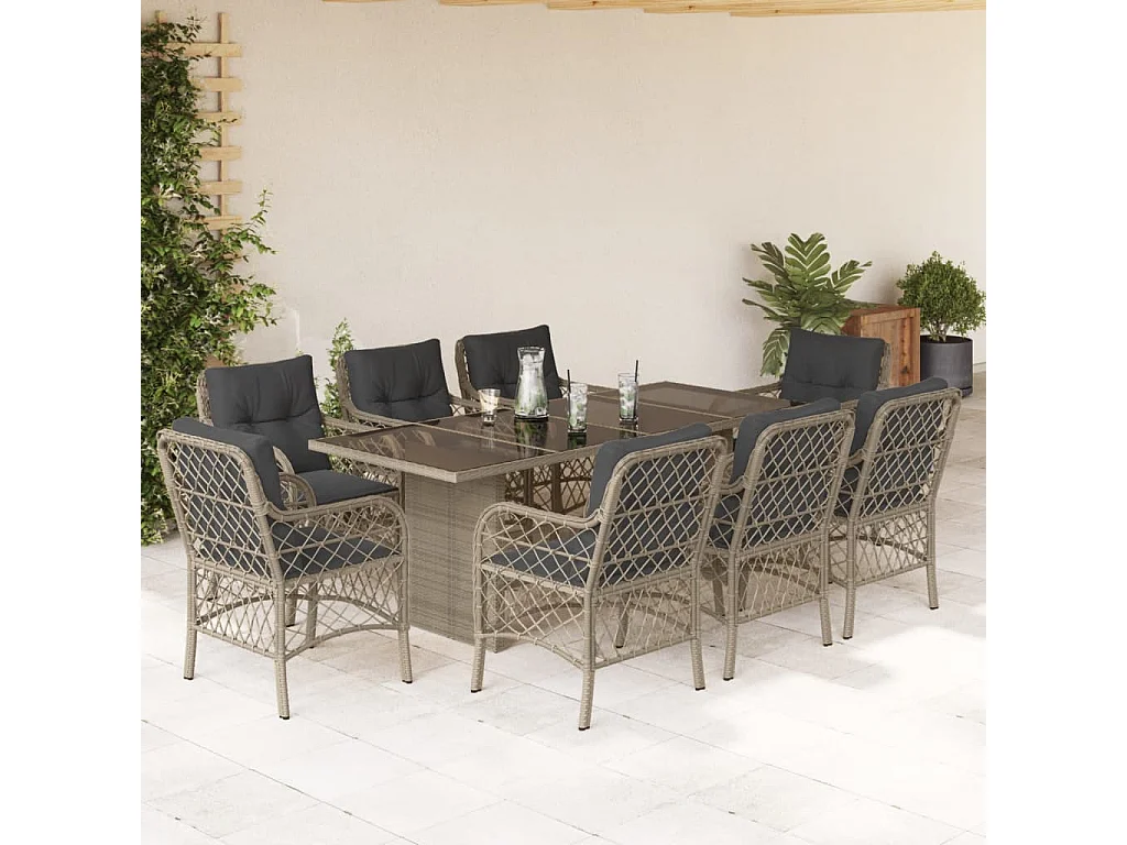 Set comedor de jardín 9 pzas cojines ratán sintético gris claro