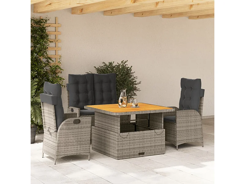 Juego de comedor de jardín 4 piezas con cojines ratán PE gris