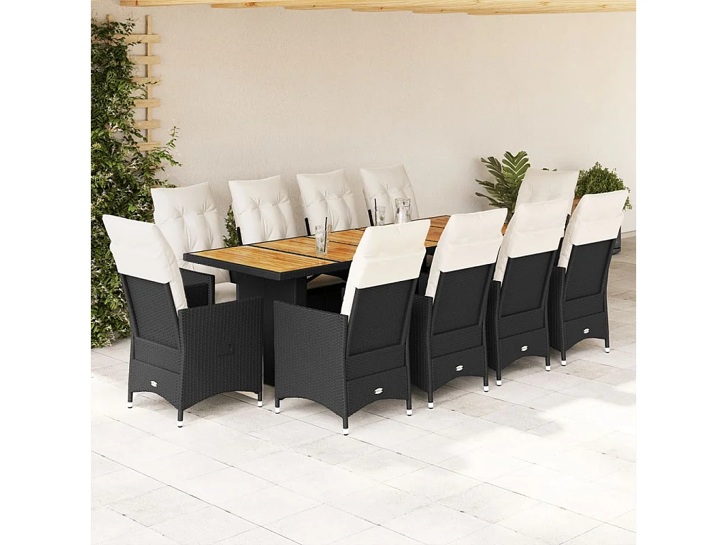 11-delige Bistroset met kussens poly rattan zwart