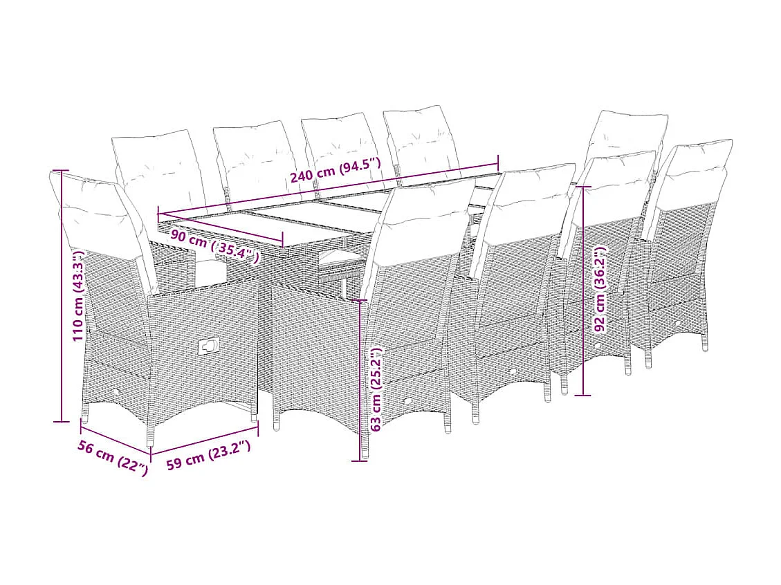 11-delige Bistroset met kussens poly rattan zwart