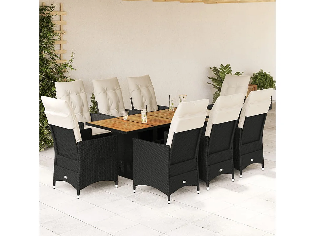 Set da Pranzo da Giardino 9 pz con Cuscini Nero in Polyrattan
