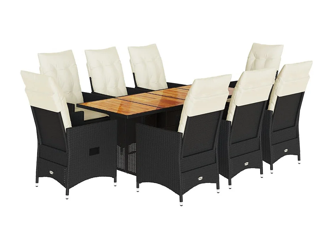 Set da Pranzo da Giardino 9 pz con Cuscini Nero in Polyrattan